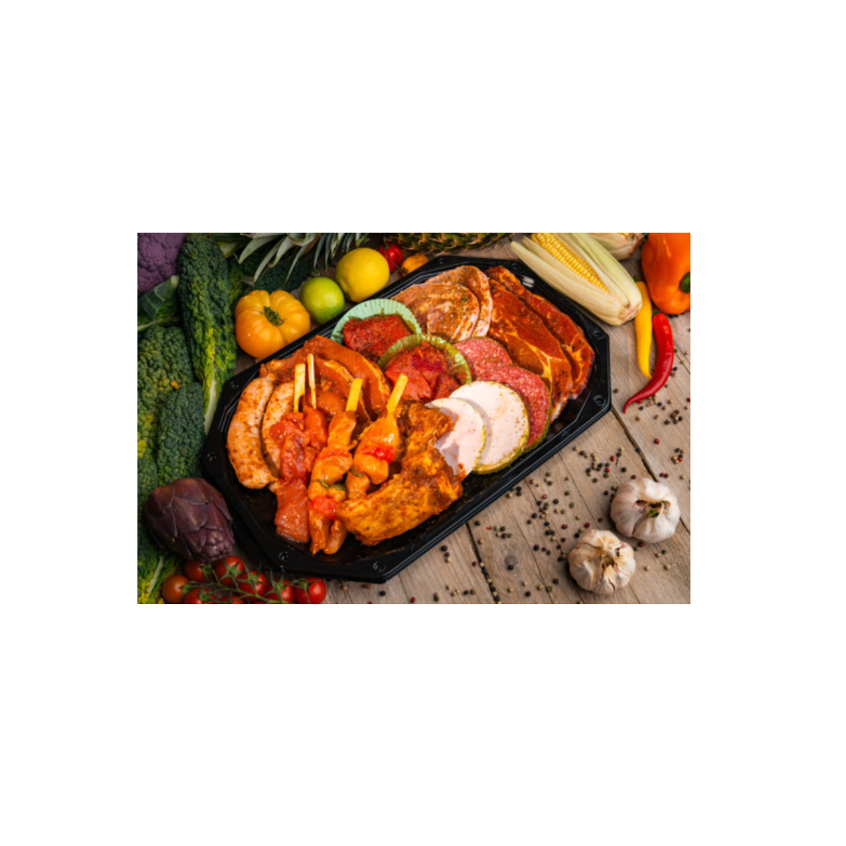 BBQ Party Mix 5 stuks vlees, incl. salades, sauzen & stokbrood